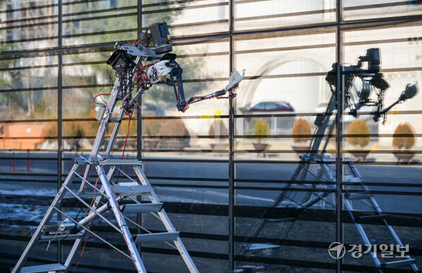 지난 달 28~29일 백남준 서거 20주기를 기리며 백남준아트센터에서 열린 ‘AI 로봇오페라’에서 권병준 작가의 ‘유령극단 x 로봇 K-456:다시 켜진 회로’ 작품 가운데 오체투지를 행하는 로봇. 윤원규기자