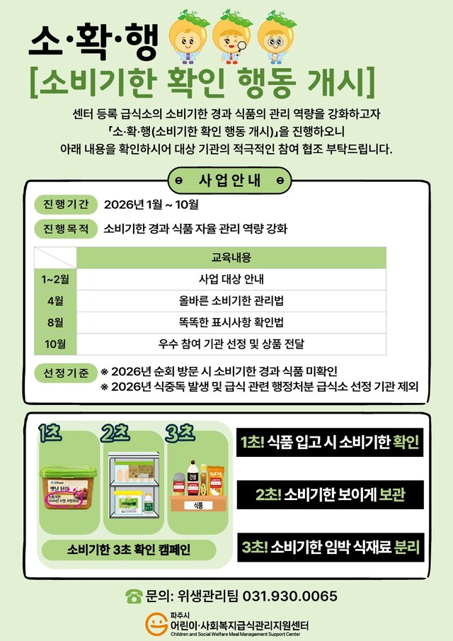 8-2. 파주시 어린이·사회복지급식관리지원센터, ‘소·확·행 (소비기한 확인 행동개시)’ 사업 추진_사회복지 안내문