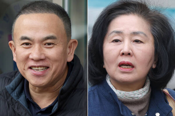 정치자금법 위반 혐의로 기소된 정치 브로커 명태균(왼쪽)씨와 국민의힘 김영선 전 의원이 5일 오후 경남 창원시 성산구 창원지법에서 열린 1심 재판에 출석하고 있다. 연합뉴스