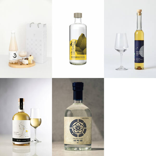 (윗줄 왼쪽부터 순서대로) ①포천 미미소의 ‘3막걸리’는 포천 햅쌀과 6년근 개성인삼을 사용한 인삼 막걸리로 인삼 특유의 흙냄새를 줄이는 특허 기술을 적용해 부드러운 맛을 살렸다.②연천 연천양조의 ‘연인삼22’는 인삼의 쓴맛을 줄이는 특허 기술과 연천산 율무를 더한 증류주다. ③양평 아이비영농조합법인의 ‘허니문 와인’은 벌꿀 100%로 만든 도수 10%의 스위트 와인으로, 농림축산식품부 주관 ‘우리술 품평회’ 입상과 대통령 취임식 건배주로 사용된 이력이 있다.④성남 내올담의 ‘담 골드’는 경기미와 잡곡 누룩을 사용한 약주다. 드라이한 맛과 균형감으로 고급 음식점에서 활용되고 있으며, 2025년 대한민국 주류대상 약청주 부문 대상을 수상했다.⑤평택 좋은술의 ‘어차피’는 평택 쌀과 무궁화를 사용한 증류식 소주다. 산뜻한 무궁화 향과 부드러운 목 넘김이 특징이다. 경기도농업기술원 제공