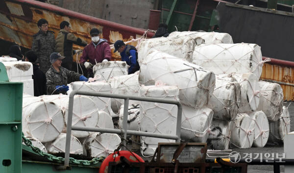 11일 인천 중구 인천항 연안부두에서 어민들이 봄 출어를 앞두고 어장용 부표를 분주하게 선적하며 조업 준비에 박차를 가하고 있다.조병석기자