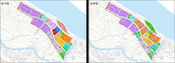 김포한강시네폴리스 토지이용계획 변경 전 지도(왼쪽)과 변경 후 지도. ㈜한강시네폴리스개발 제공
