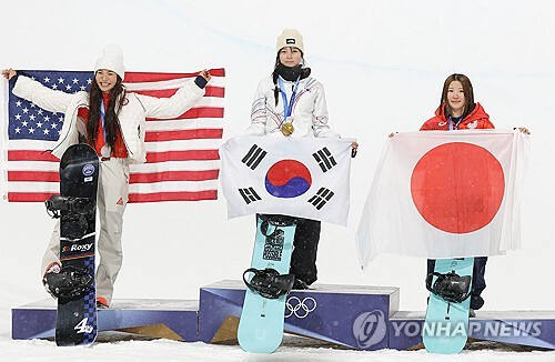 최가온(가운데). 클로이 김(왼쪽). 연합뉴스