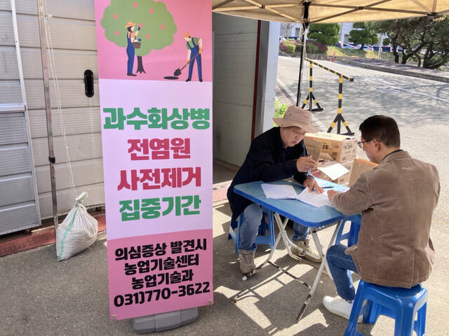 양평군 관계자가 과수화상병 약제 공급 안내를 하고 있다. 양평군 제공