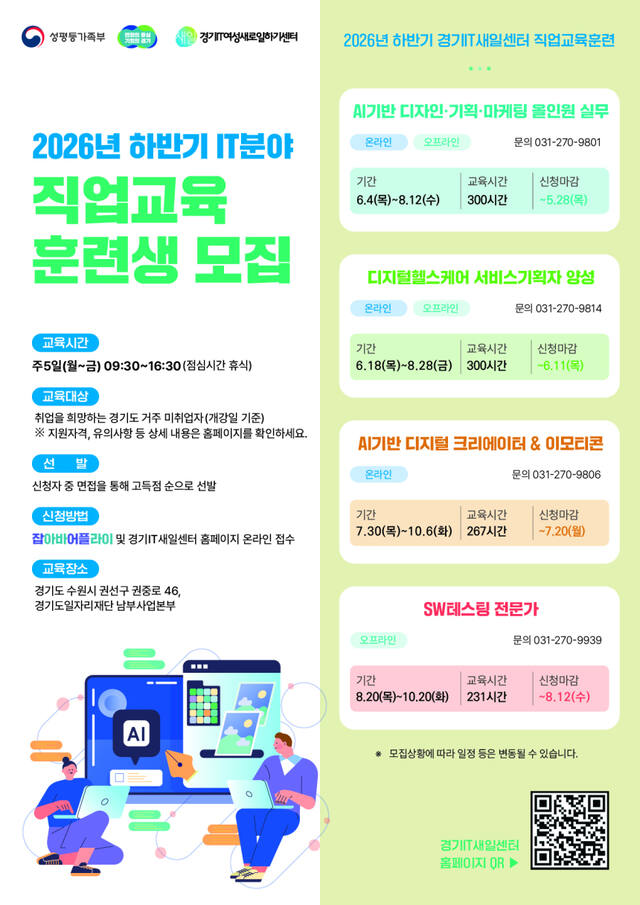 경기IT새일센터, AI·디지털 인재 양성 위해 직업교육훈련생 80명 모집