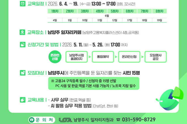 남양주시가 11일부터 관내 구직자를 대상으로 중소기업 멀티사무 교육 참여자를 모집한다. 남양주시 제공