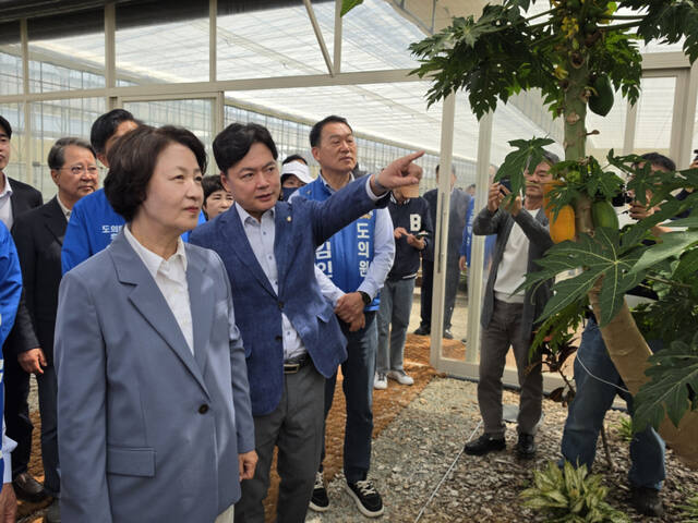 추미애 더불어민주당 경기도지사 후보가 15일 이천에 있는 스마트농업교육관을 찾아 둘러보고 있다. 오민주 기자