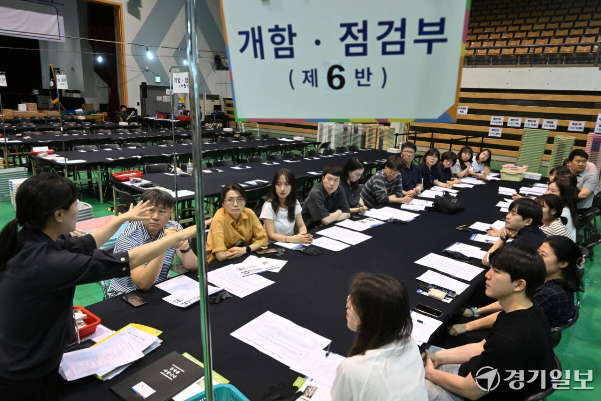 제9회 전국동시지방선거를 하루 앞둔 2일 오후 수원특례시 아주대 실내체육관에 설치한 영통구 개표소에서 수원시영통구선거관리위원회 관계자들이 선거 당일 활동할 개표요원을 교육하고 있다. 이날 개표요원들은 개표기 작동법, 투표지 분류 방법 등을 교육 받았다. 김시범기자