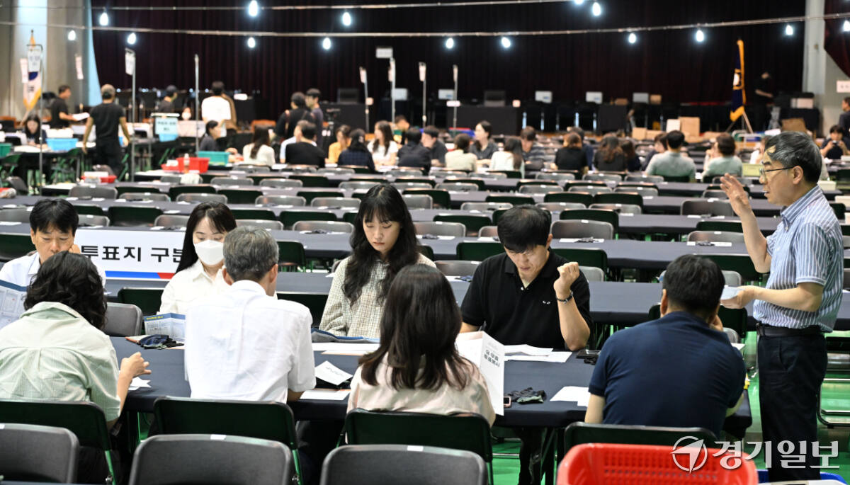 제9회 전국동시지방선거를 하루 앞둔 2일 오후 수원특례시 아주대 실내체육관에 설치한 영통구 개표소에서 수원시영통구선거관리위원회 관계자들이 선거 당일 활동할 개표요원을 교육하고 있다. 이날 개표요원들은 개표기 작동법, 투표지 분류 방법 등을 교육 받았다. 김시범기자