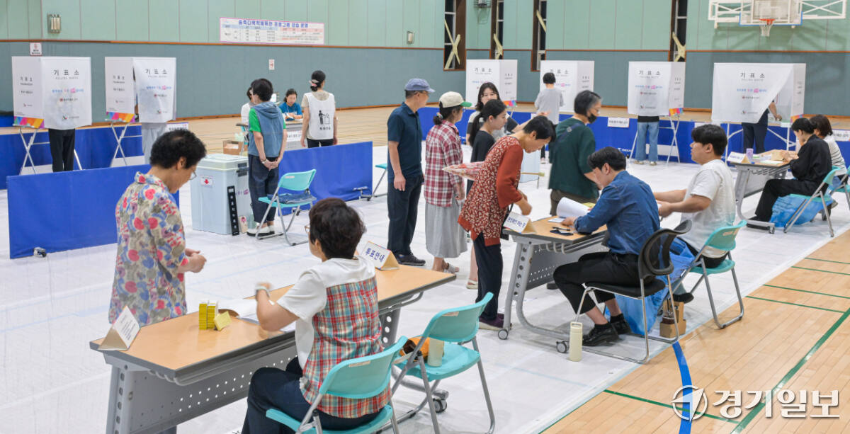 제9회 전국동시지방선거일인 3일 군포시 송죽다목적체육관에 마련된 투표소에서 시민들이 투표하고 있다. 윤원규기자